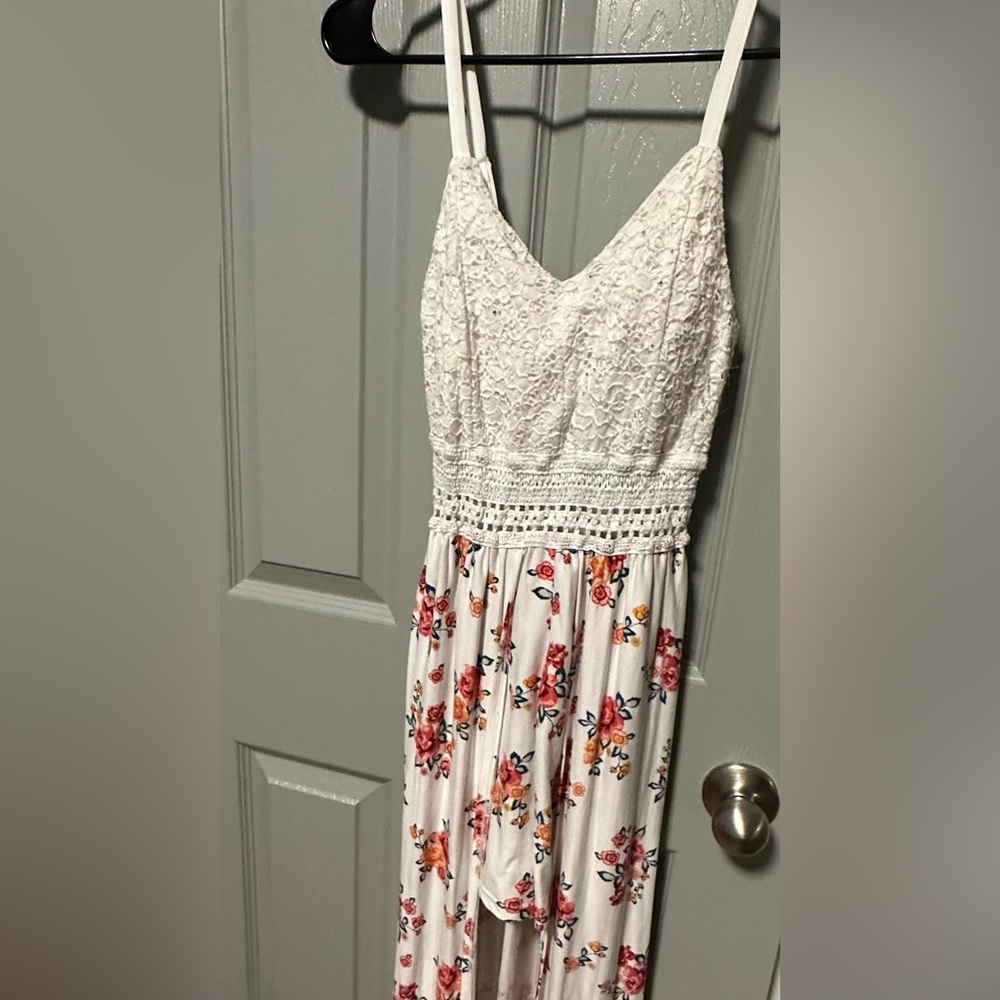 Long dress/romper white lace pattern on top with floral on the bottom